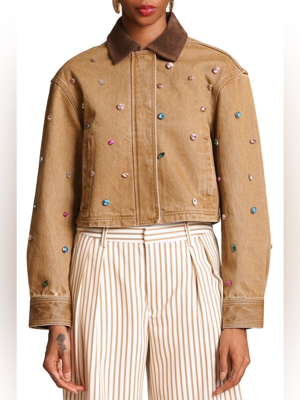 Avec Les Filles Embellished Cropped Barn Jacket Tan Brown Medium